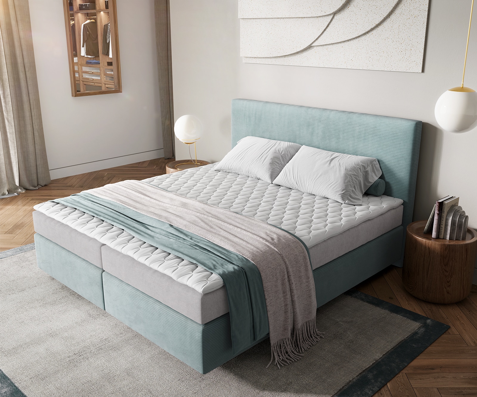 Boxspringbett Dream-Well 180x200 cm Cord Pastellblau mit Matratze und Topper 3 Boxspringbett Dream-Well 180x200 cm Cord Pastellblau mit Matratze und Topper 3