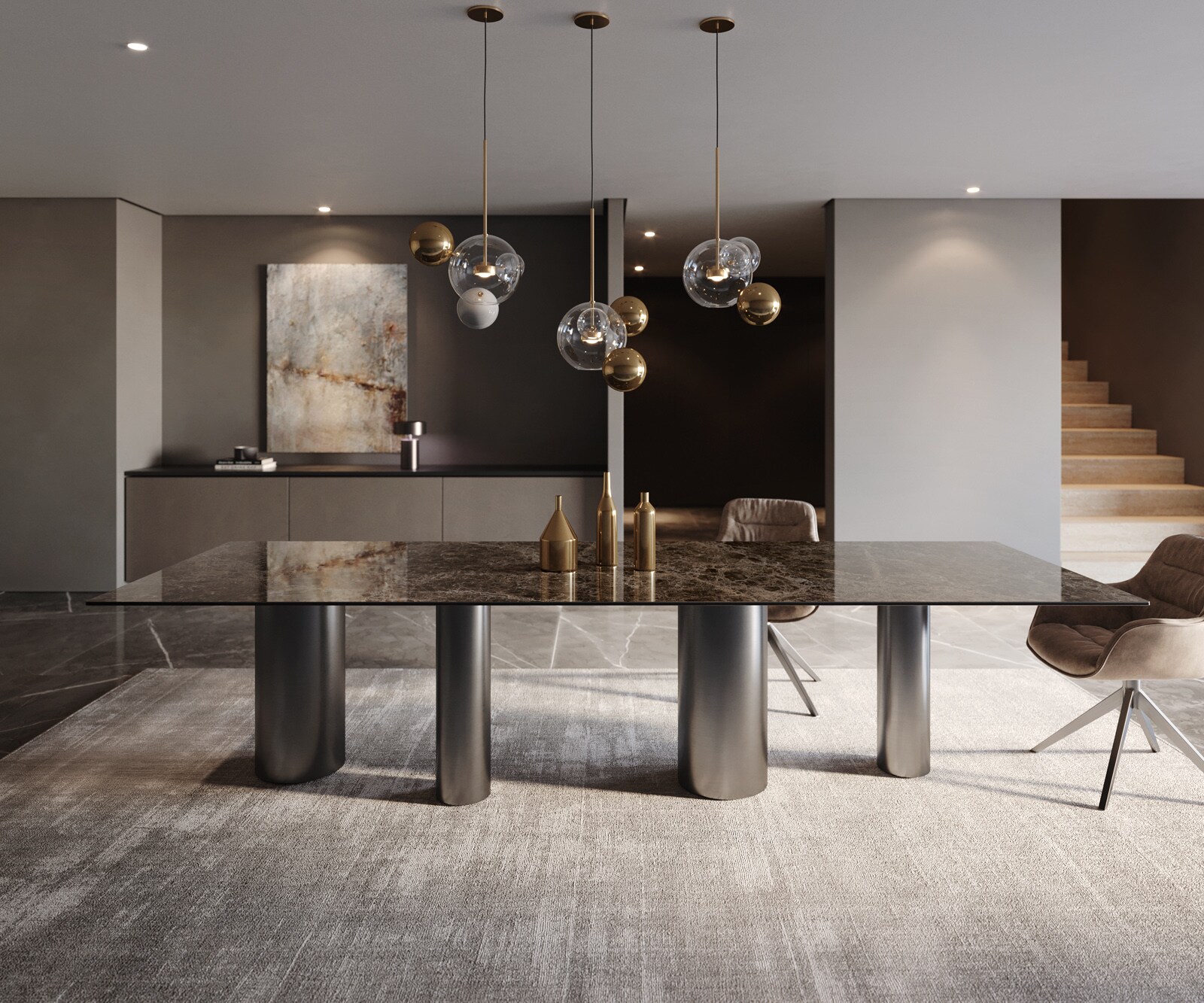Esstisch Edge 300x100 Keramik Emperador Extra Lucidato Dunkelbraun Pilier Edelstahl Graphit