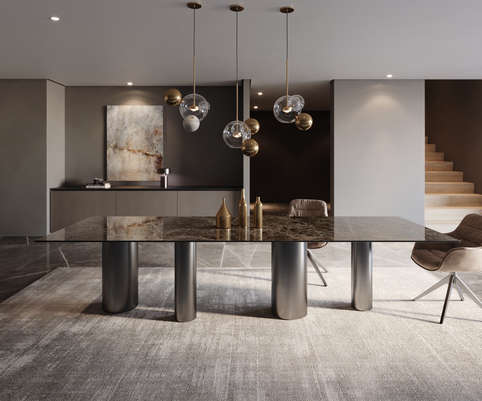 Esstisch Edge 300x100 Keramik Emperador Extra Lucidato Dunkelbraun Pilier Edelstahl Graphit