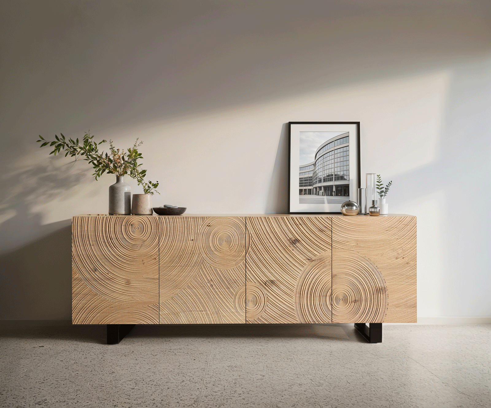 Sideboard Ashara 200 cm Eiche Natur 3D Effekt 4 Türen Kufe Metall Schwarz 2