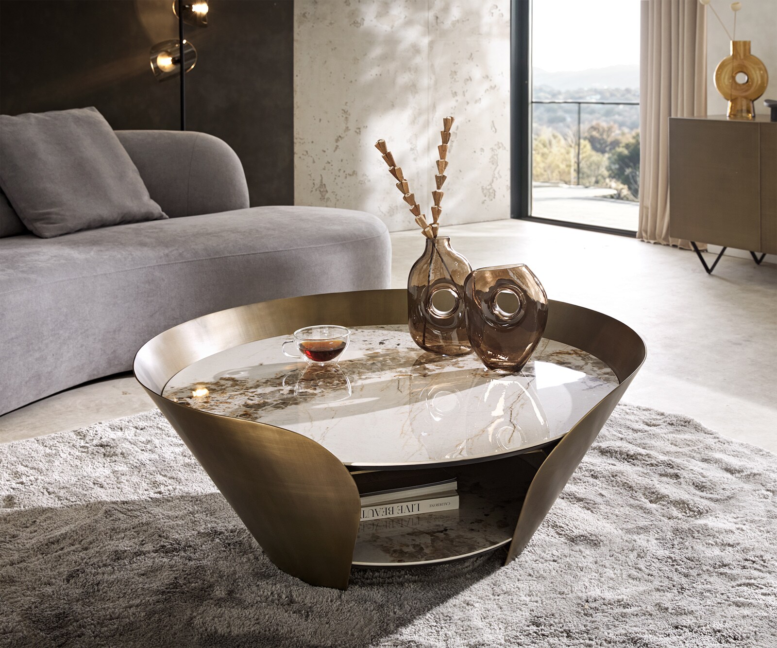 Couchtisch Skafi 100x40 cm Keramik Minas Melange Metallic Gold 1
