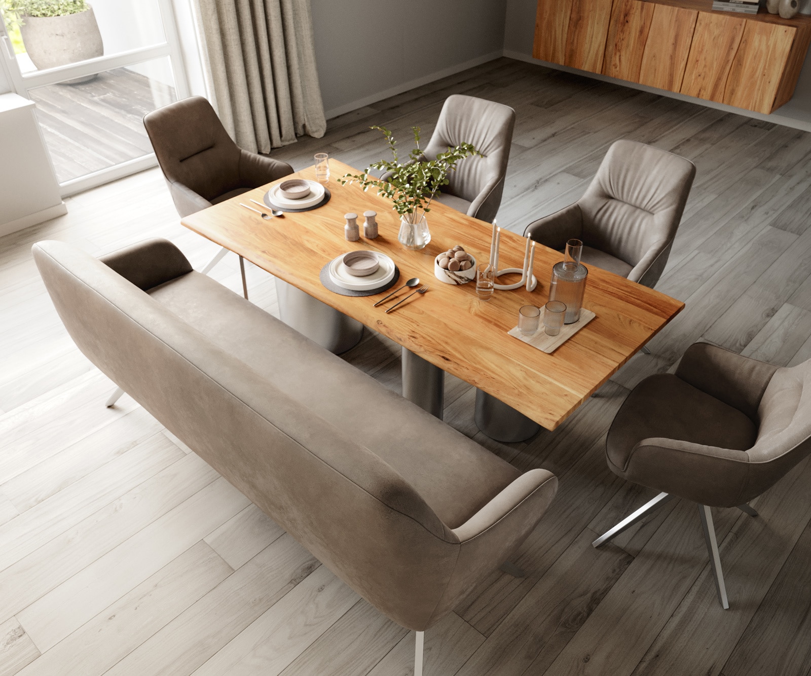 Esszimmerbank Taya-Flex 200 cm Mikrofaser Taupe Vintage Kreuzgestell kantig Edelstahl Taschenfederkern 3