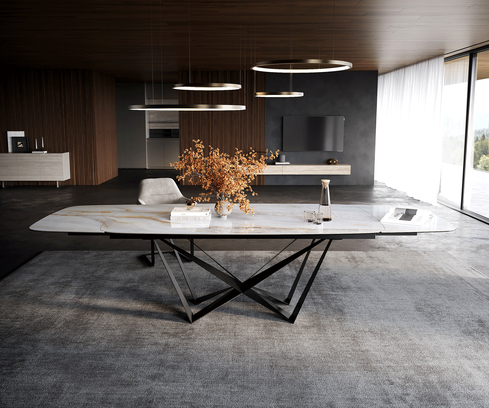 Esstisch Edge Boot 200-300x120 cm Keramik Onyx Pearl Spider Flachstahl Schwarz ausziehbar 1