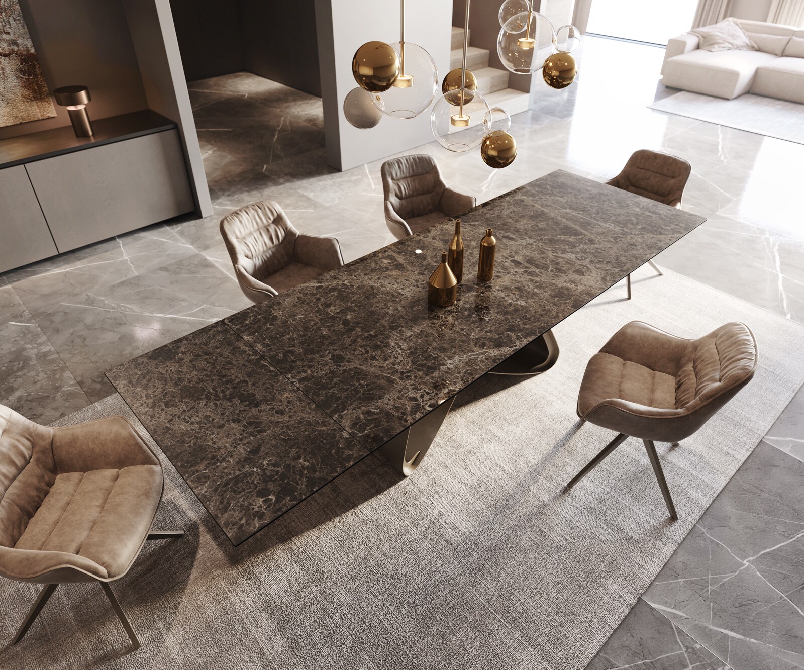 Esstisch Edge 200-300x100 Keramik Emperador Extra Lucidato Dunkelbraun W-Gestell Effektfinish Titan ausziehbar 3