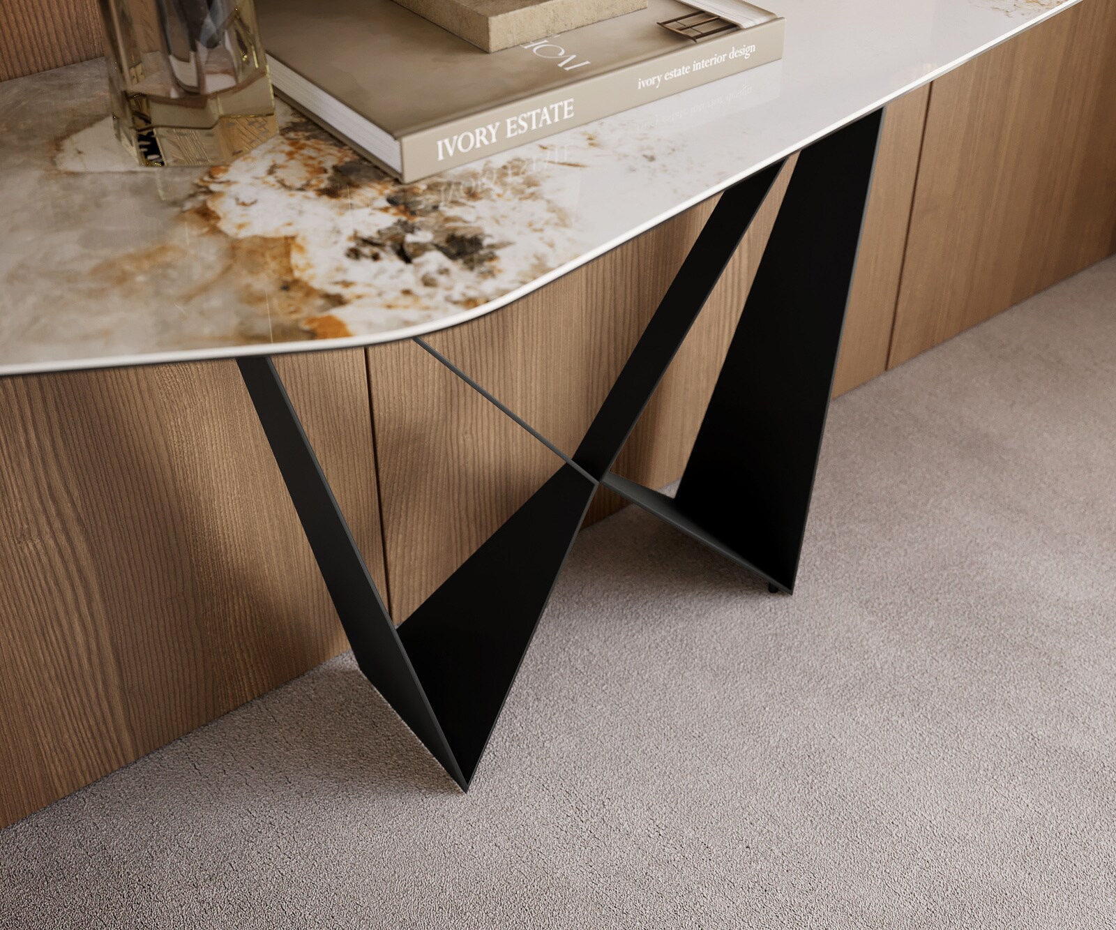 Konsolentisch Edge Polygonal 180x50 cm Keramik Minas Melange Weiß-Beige Spios Metall Schwarz 5