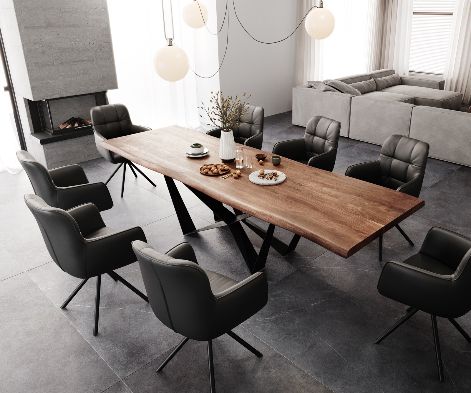 Esstisch Edge 300x100 XL Akazie Braun Spider Flachstahl Schwarz Live-Edge 5