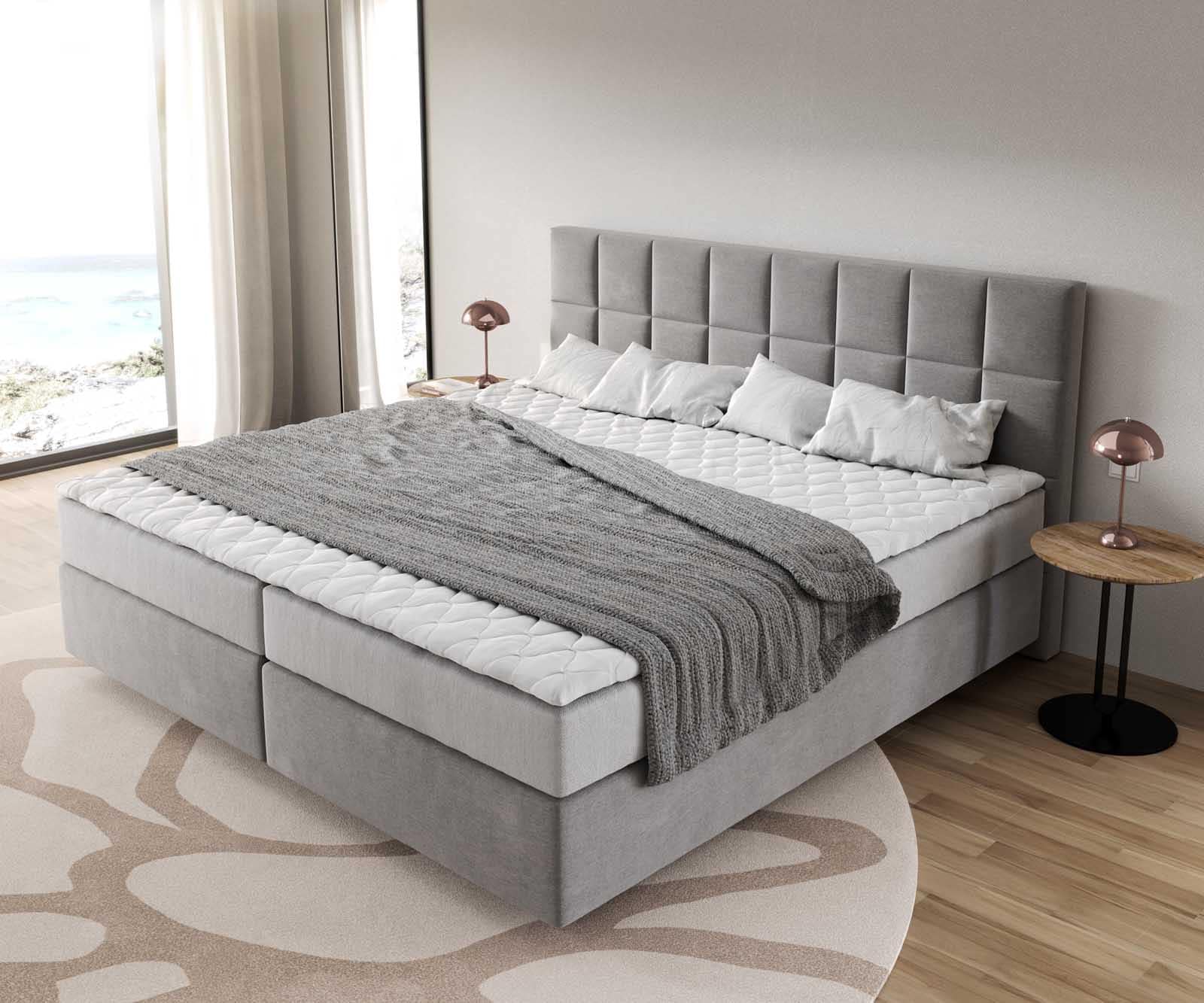 Boxspringbett Dream-Fine Mikrofaser Grau 200x200 cm mit Taschenfederkernmatratze und Topper Visco 3 Boxspringbett Dream-Fine Mikrofaser Grau 200x200 cm mit Taschenfederkernmatratze und Topper Visco 3