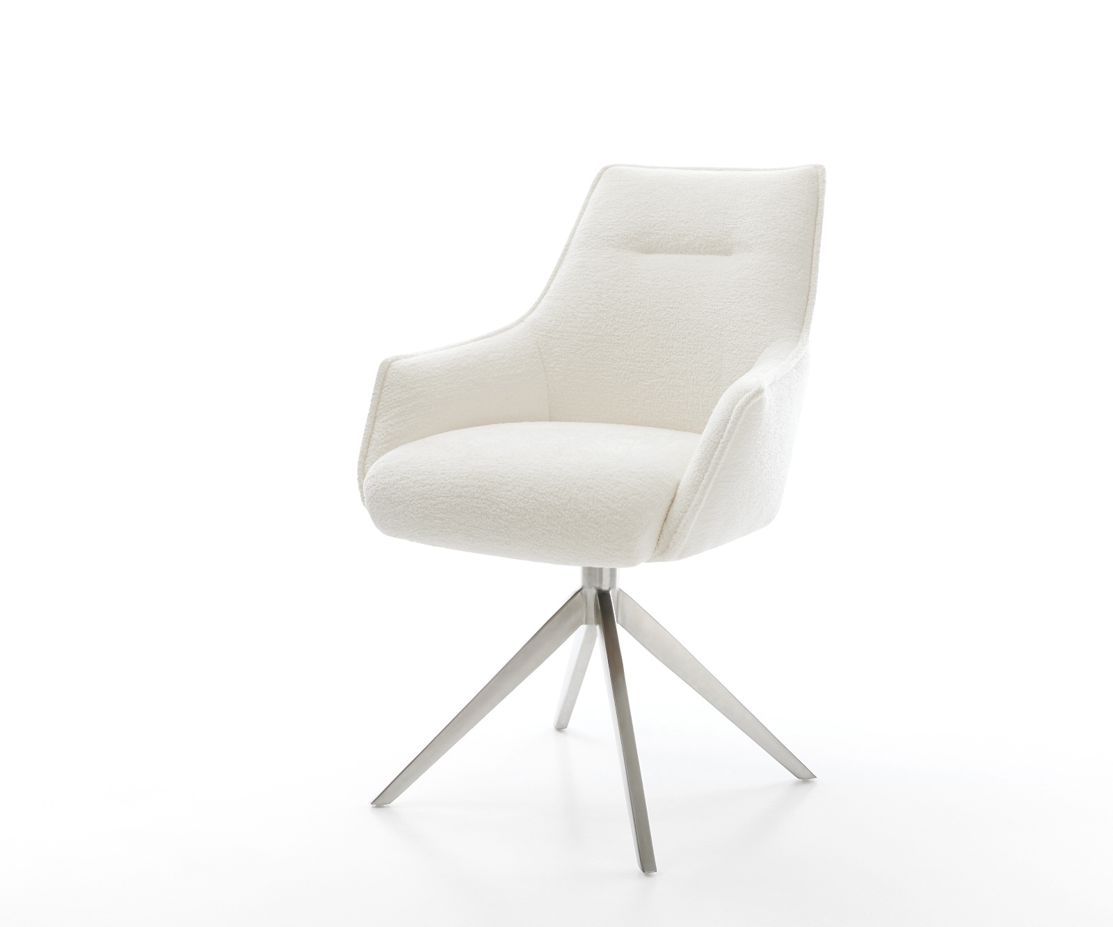 Drehstuhl Alja-Flex mit Armlehnen Bouclé Soft Beige Kreuzgestell breit Edelstahl 360° drehbar Wippfunktion Taschenfederkern