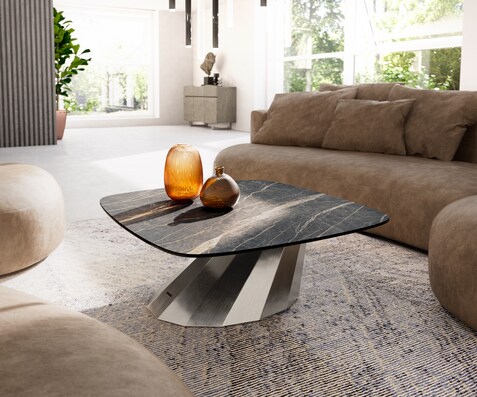 Couchtisch Edge Boot 90x90 cm Keramik Laminam® Noir Desir Braun Parabi Edelstahl gebürstet