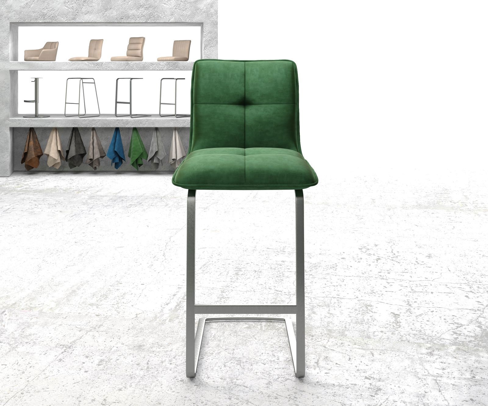 Barstuhl Maddy-Flex Samt Grün Freischwinger flach Metall 1 Barstuhl Maddy-Flex Samt Grün Freischwinger flach Metall 1