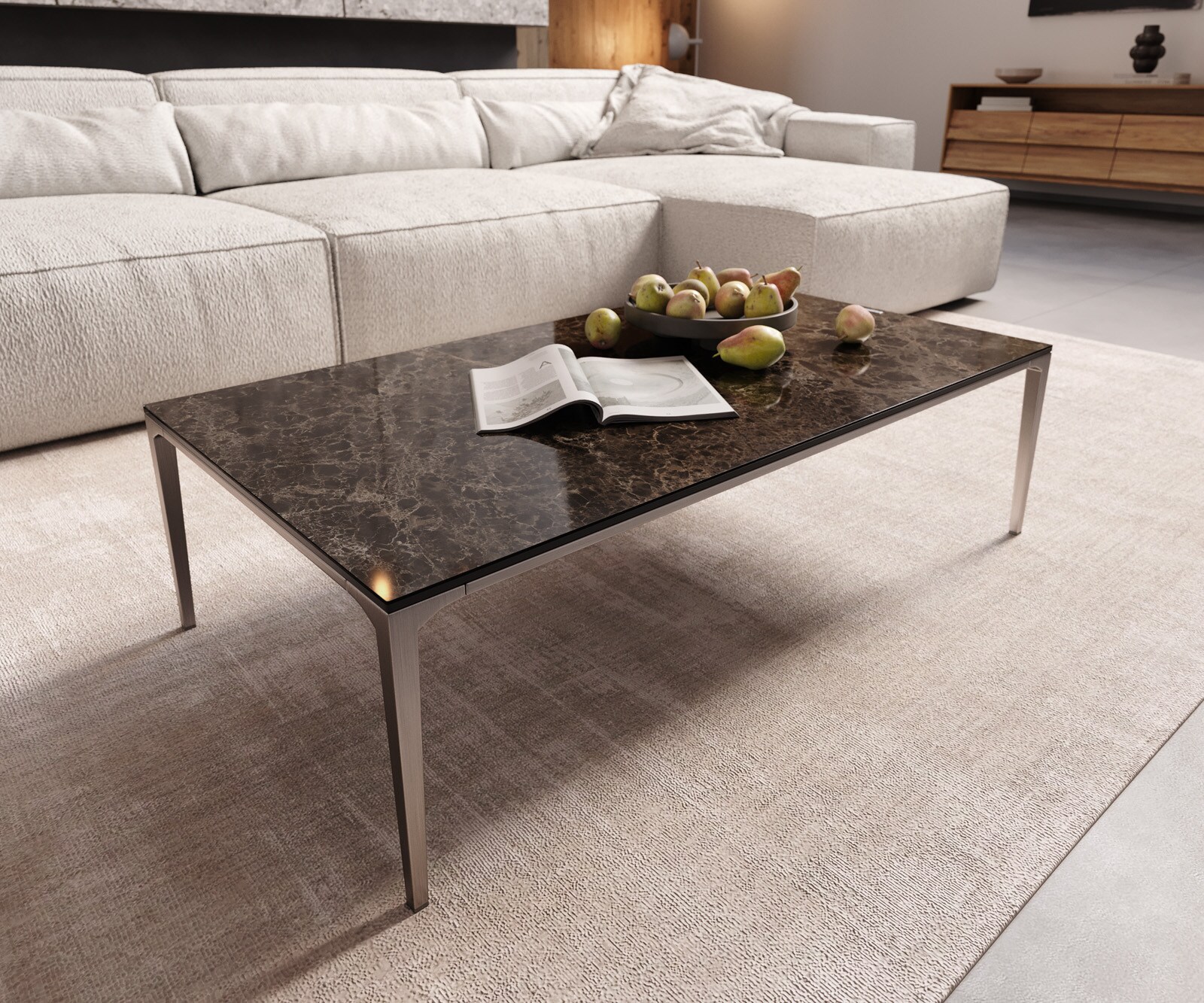 Couchtisch Levente 110x60 cm Keramik Emperador Extra Lucidato Dunkelbraun Gestell Edelstahl Silber
