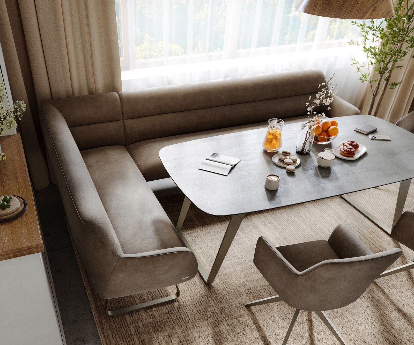 Esszimmerbank Taya-Flex 285x190 cm Mikrofaser Taupe Vintage Kufengestell flach Effektfinish Titan Taschenfederkern Rechts 3