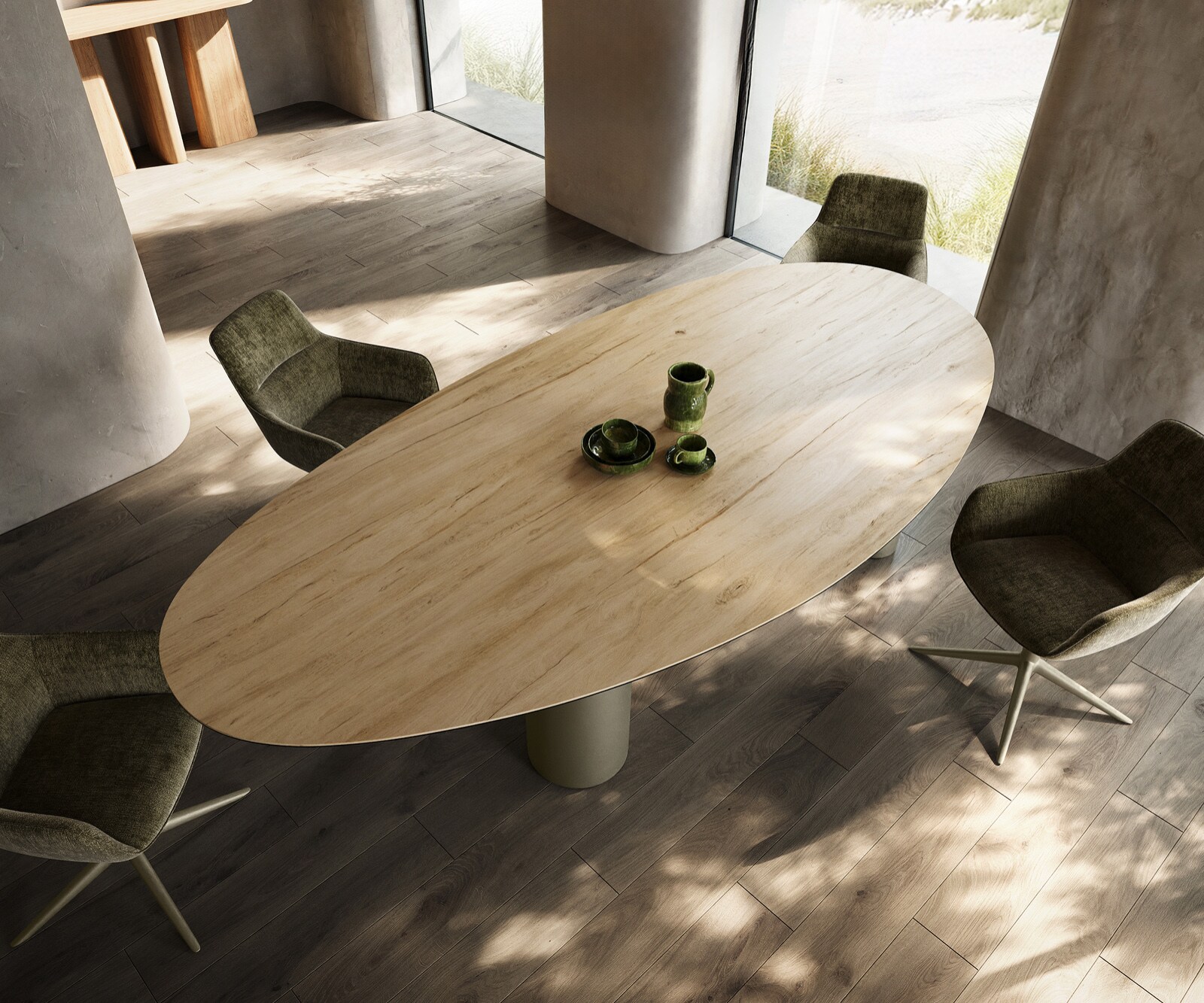 Esstisch Edge Oval 280x130 Keramik Laminam® Sabbia Eichefarbig Pilier Metall Effektfinish Titan 4