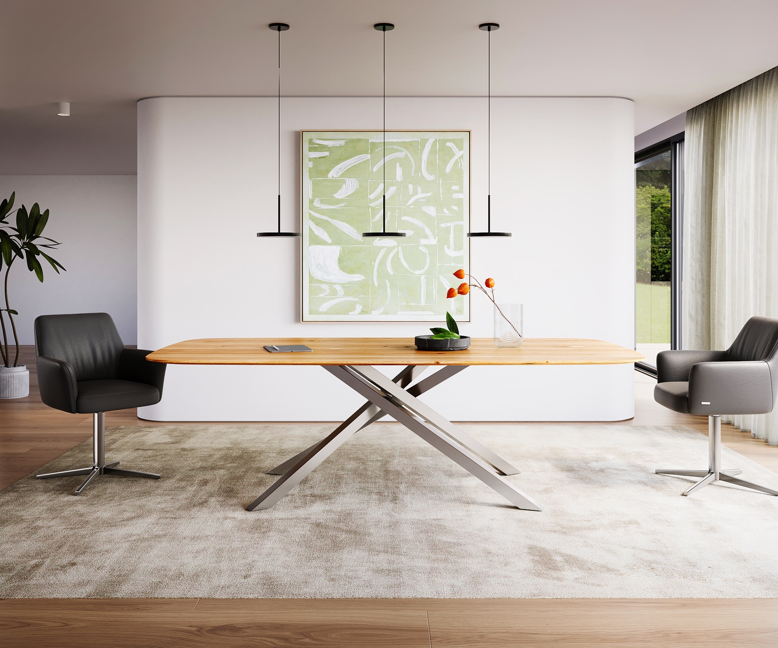 Esstisch Edge Boot 240x120x2,5-3 Eiche Natur Kreuzgestell Rechteck Edelstahl Schweizer Kante Esstisch Edge Boot 240x120x2,5-3 Eiche Natur Kreuzgestell Rechteck Edelstahl Schweizer Kante