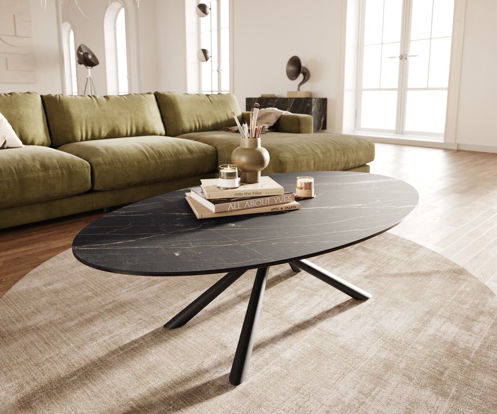 DELIFE Couchtisch Edge Oval 140x80 cm Keramik Laminam Noir Desir Braun Sarity Metall Schwarz, Couchtische - B140 x T80 x H42 cm
