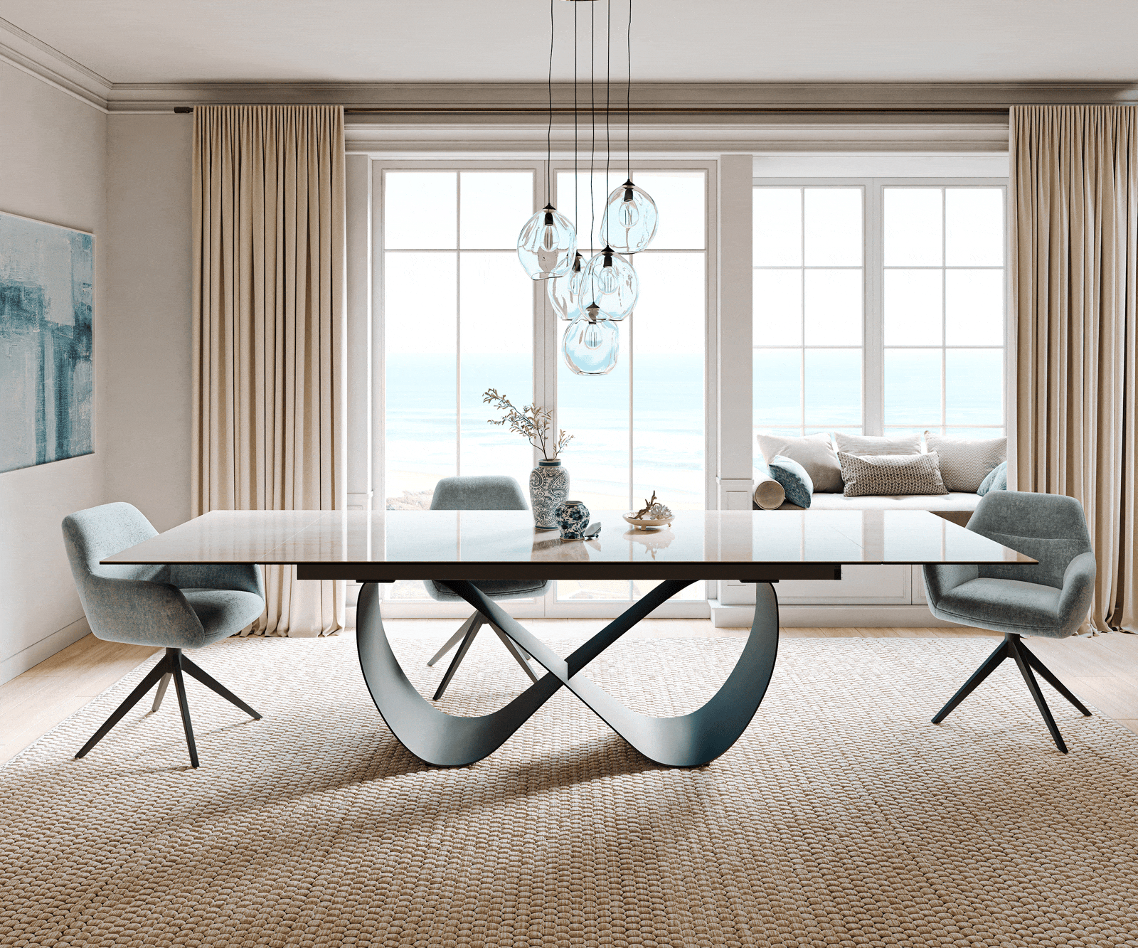 Esstisch Edge 200-300x100 cm Keramik Onyx Champagne Infinity Metall Schwarz ausziehbar 1