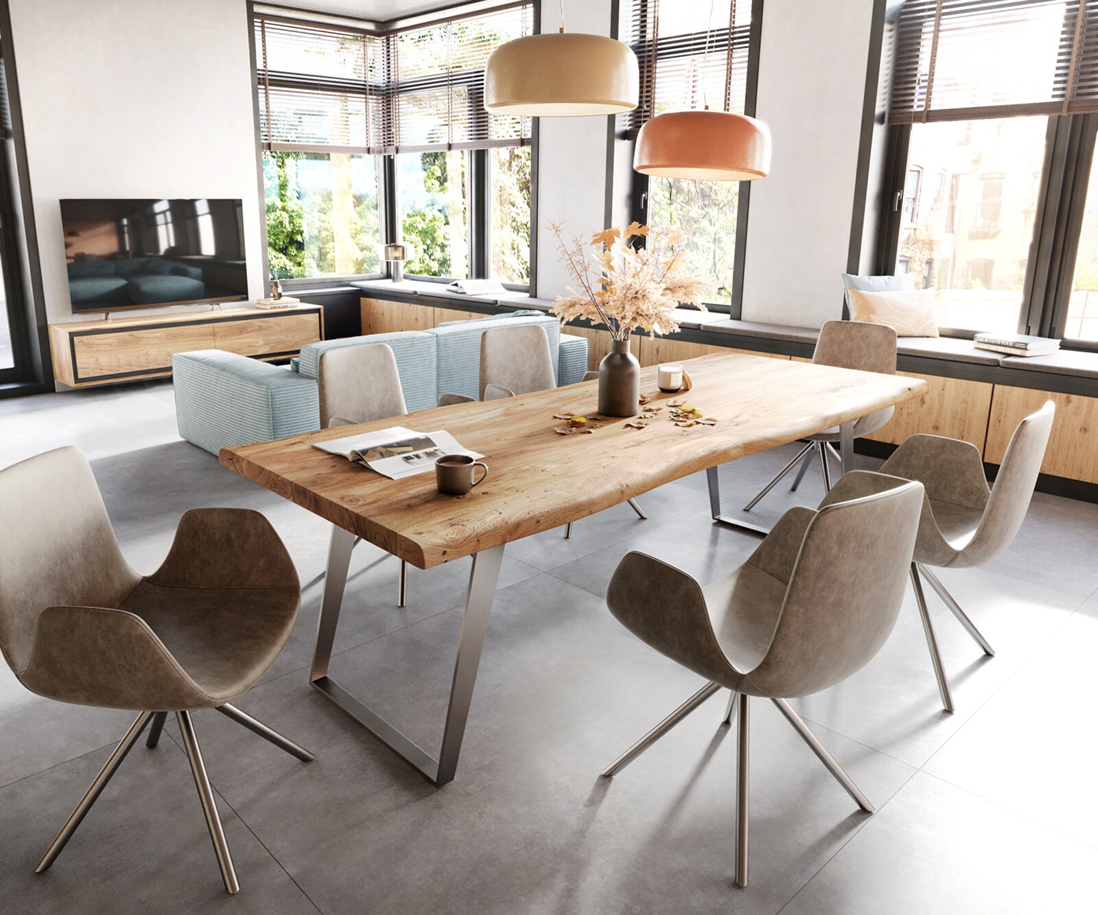 Esstisch Edge 280x100 XL Akazie Natur Edelstahl Schräg Live-Edge 6