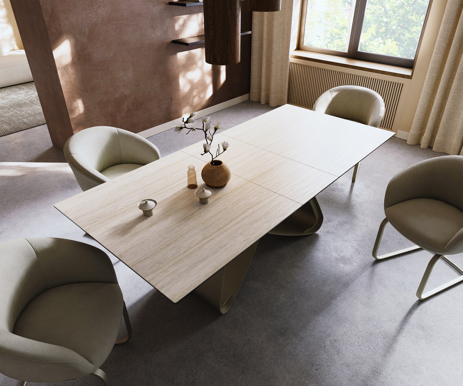 Esstisch Edge 180-220x100 Keramik Laminam® Travertino Bianco Creme-Weiß W-Gestell Effektfinish Titan ausziehbar 3