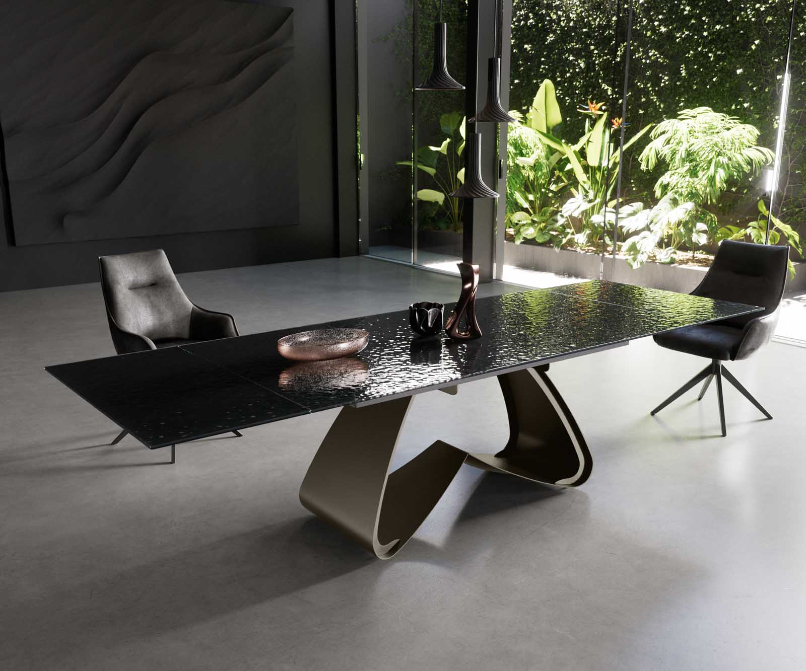 Esstisch Edge 200-300x100 Reliefglas Rauchschwarz 3D-Design W-Gestell Effektfinish Titan ausziehbar Esstisch Edge 200-300x100 Reliefglas Rauchschwarz 3D-Design W-Gestell Effektfinish Titan ausziehbar