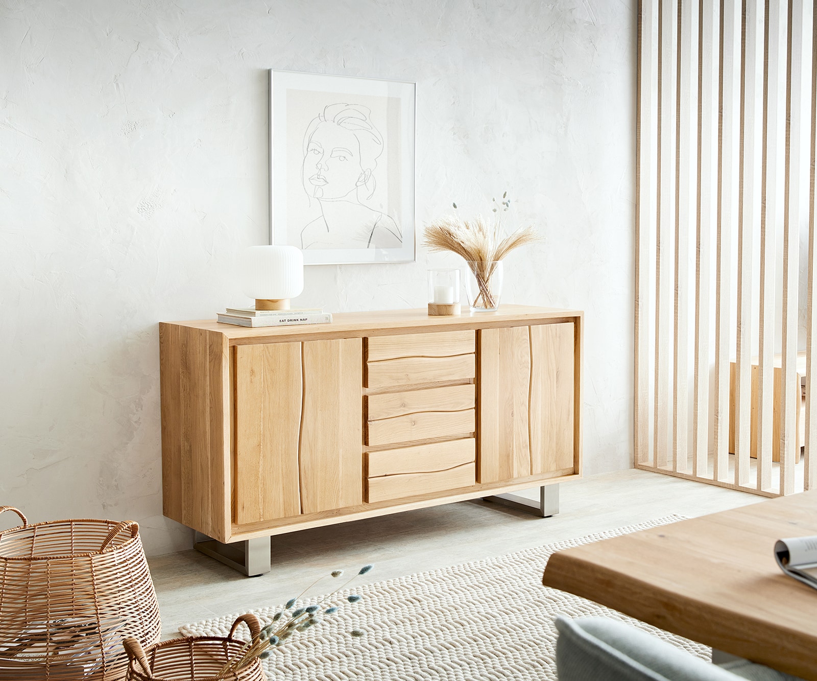 Sideboard Live-Edge 150 cm Eiche Natur 3 Schübe 2 Türen 1