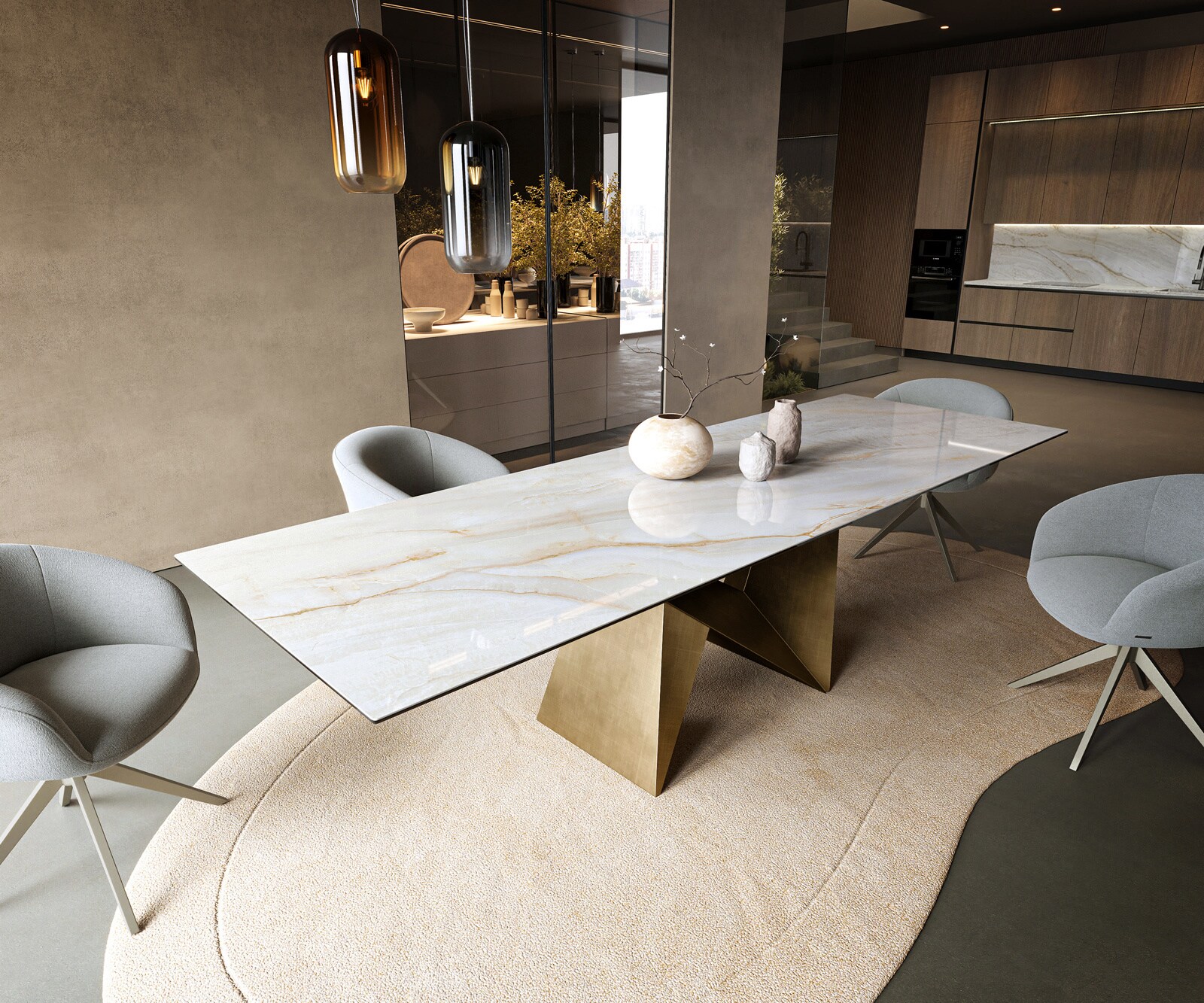 Esstisch Edge 300x100 cm Keramik Onyx Pearl Origami Metallic Gold 1