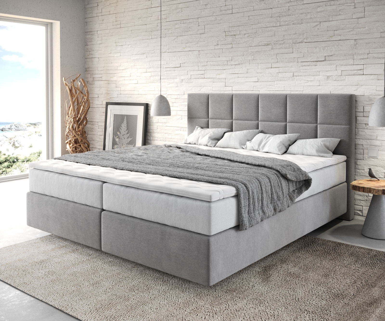 Boxspringbett Dream-Fine 180x200 cm Mikrofaser Grau mit TFK Matratze und Visco Topper Boxspringbett Dream-Fine 180x200 cm Mikrofaser Grau mit TFK Matratze und Visco Topper