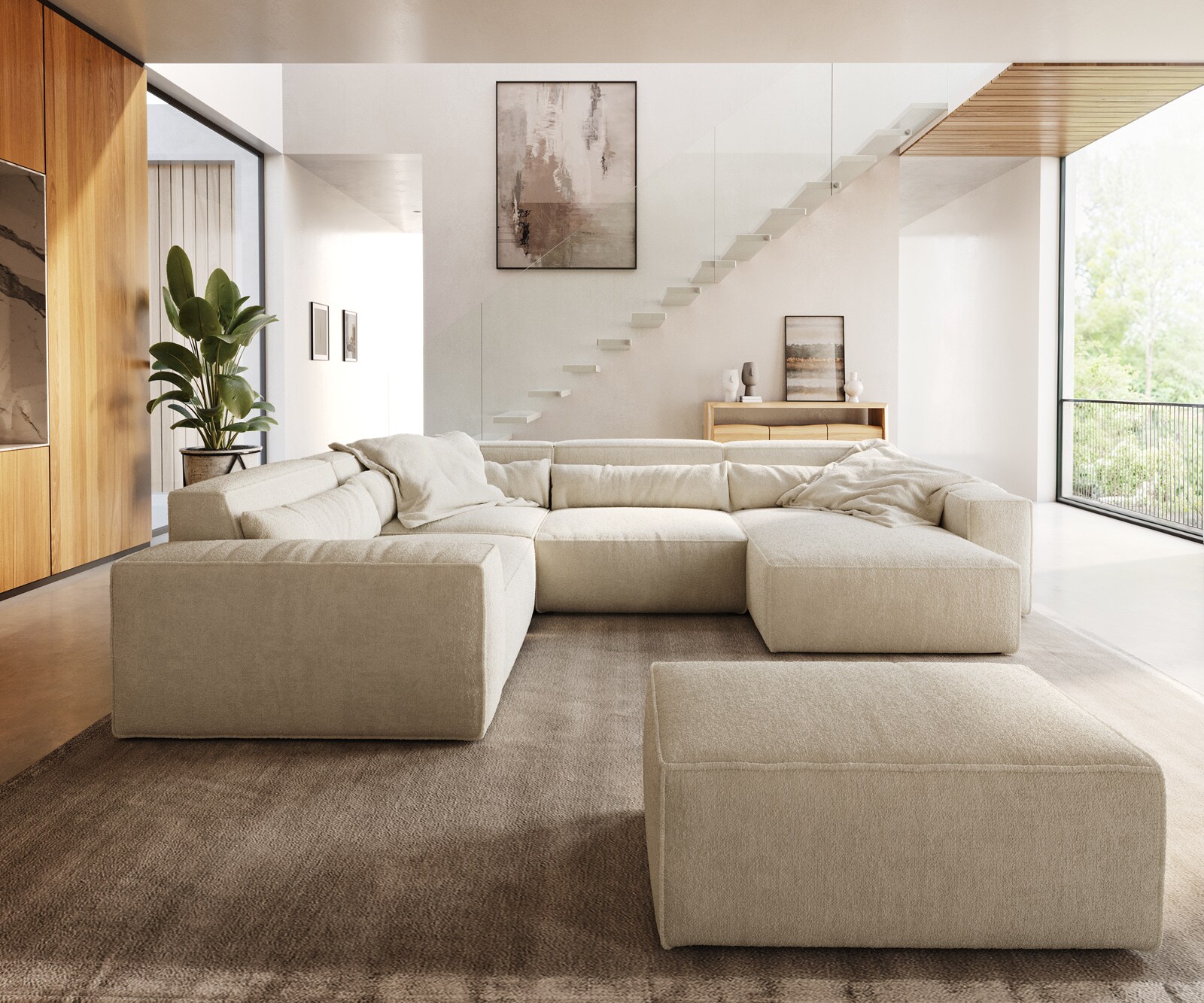 Wohnlandschaft Sirpio 300x200 cm Bouclé Creme-Weiß Recamiere variabel mit H günstig online kaufen