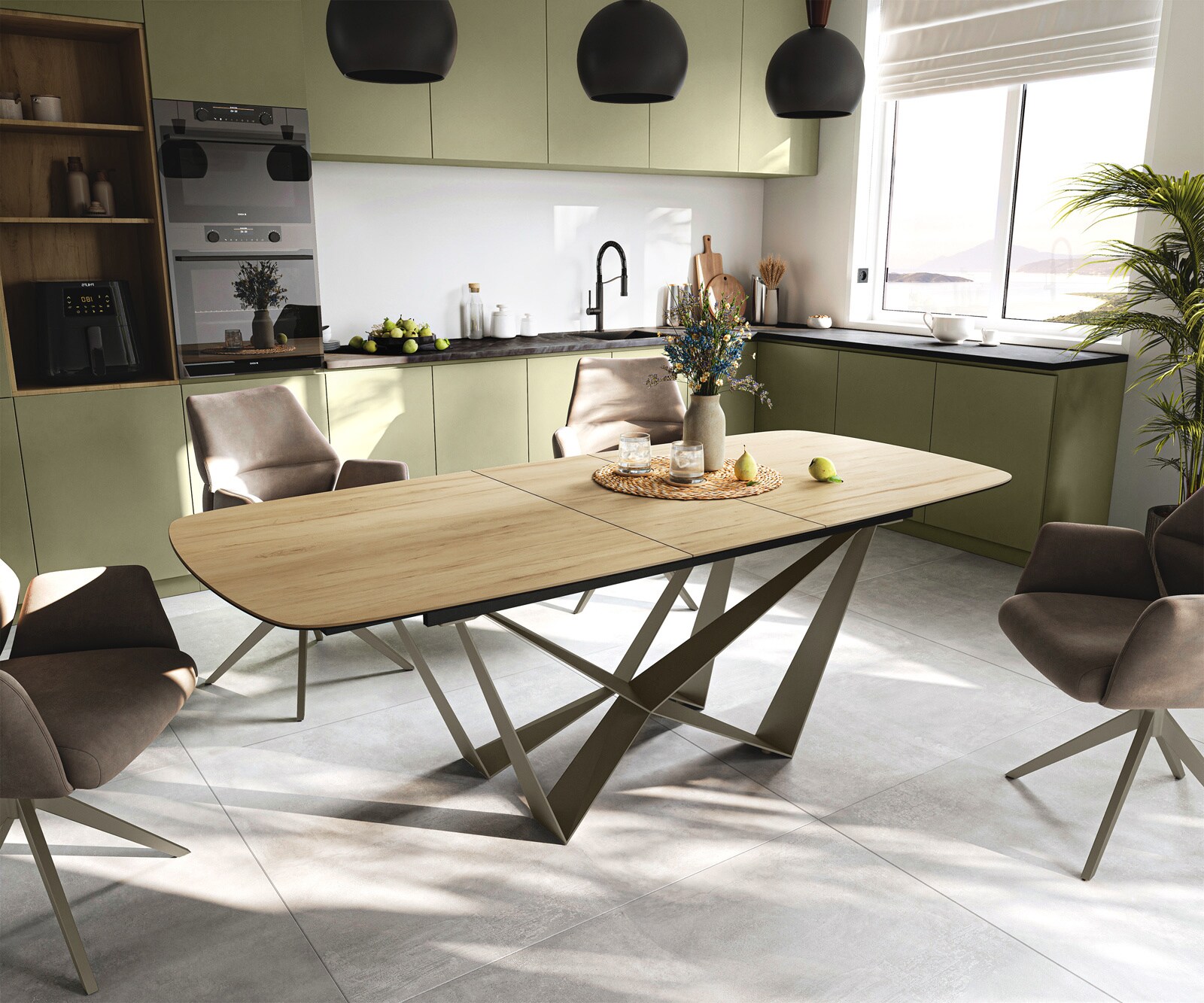 Esstisch Edge Boot 180-220x100 cm Keramik Laminam® Sabbia Eichefarbig Spider Metall Effektfinish Titan ausziehbar 1