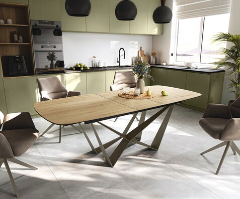 Esstisch Edge Boot 180-220x100 cm Keramik Laminam® Sabbia Eichefarbig Spider Metall Effektfinish Titan ausziehbar