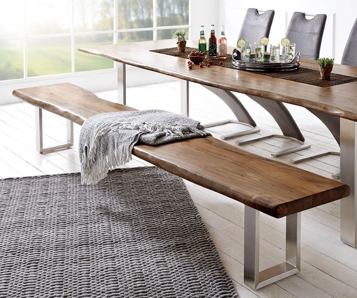 Sitzbank Live-Edge 295x40 Akazie Braun Gestell schmal Baumkante