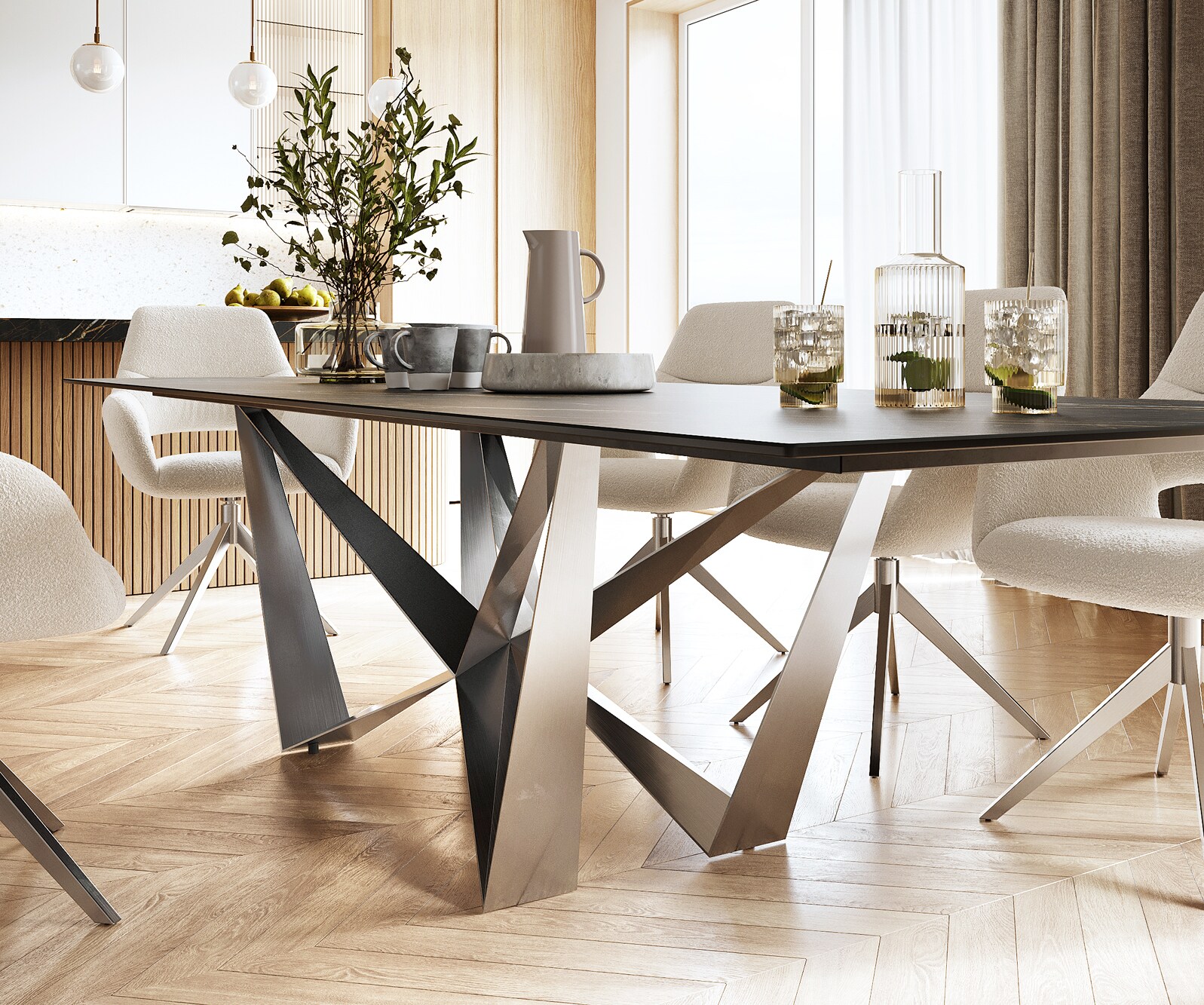 Esstisch Edge 300x100cm Keramik Laminam®Noir Desir Braun Spider Flachstahl Edelstahl 4