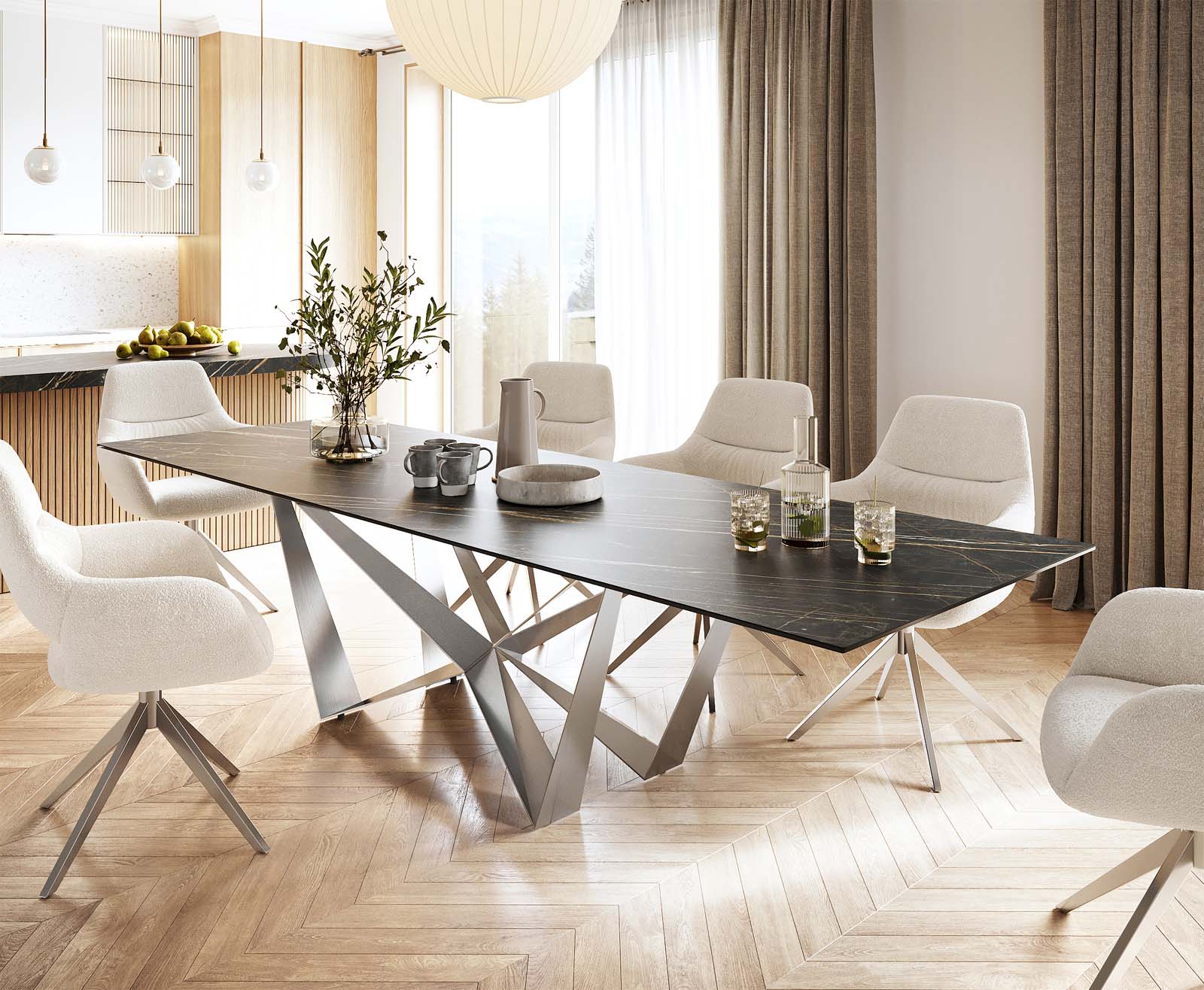 Esstisch Edge 300x100cm Keramik Laminam®Noir Desir Braun Spider Flachstahl Edelstahl