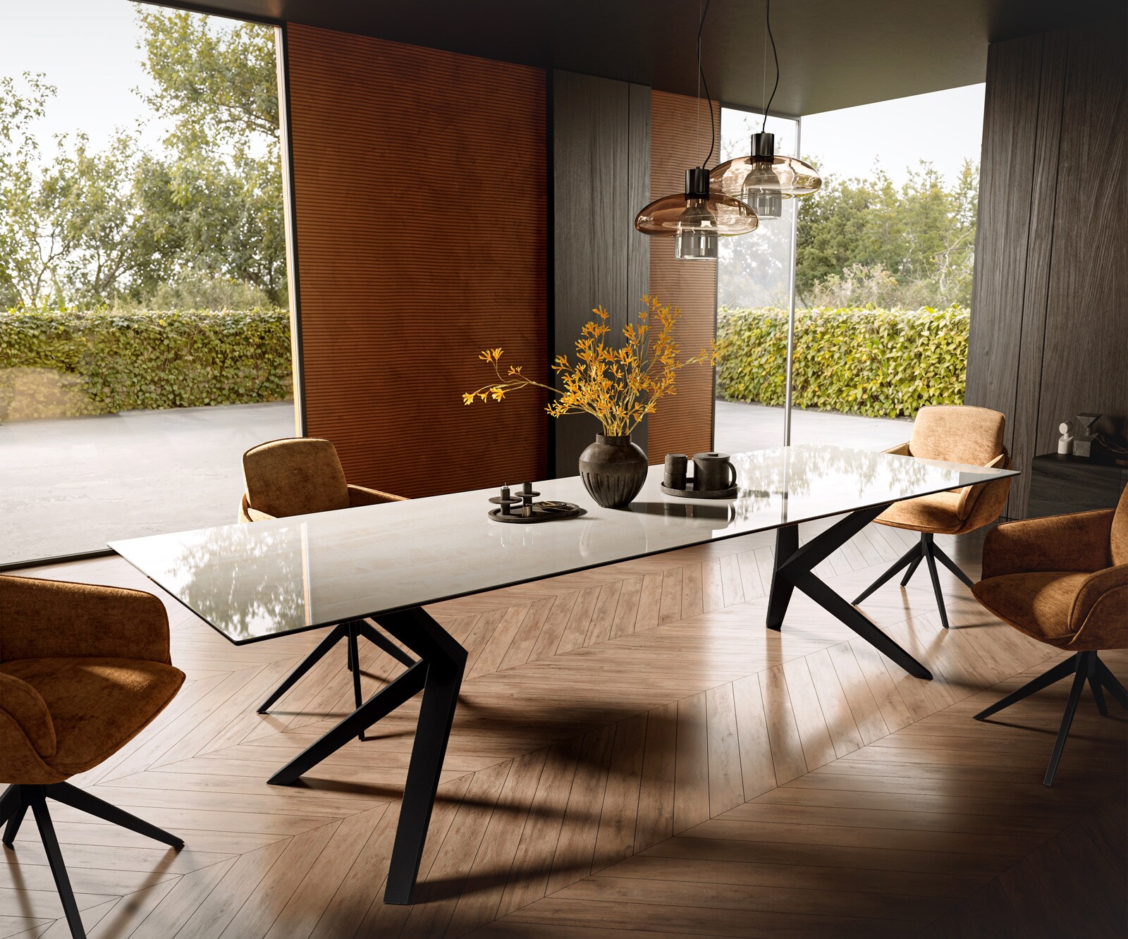 Esstisch Edge 300x100 cm Keramik Onyx Champagne Zenthara kantig Metall Schwarz