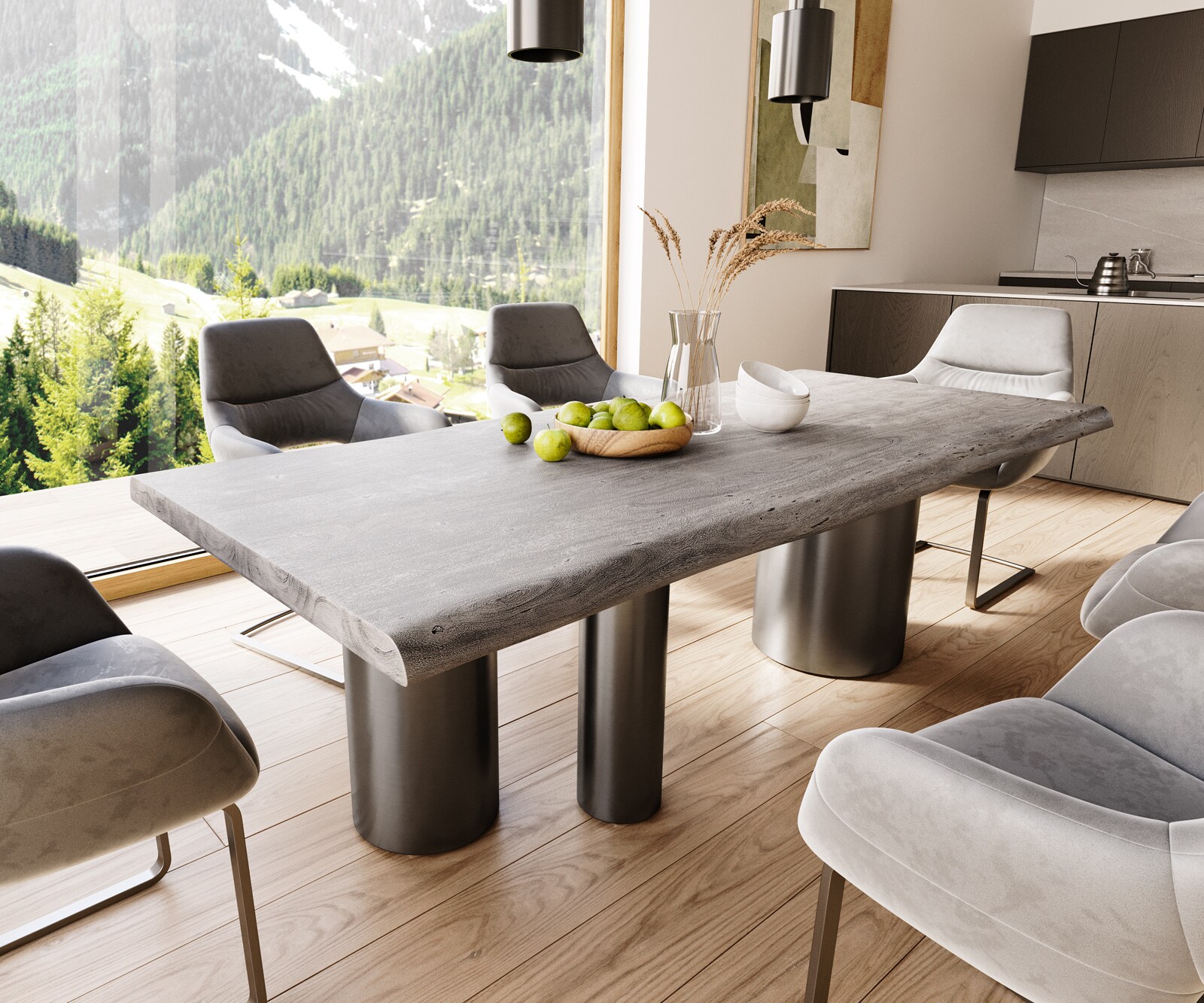 DELIFE Esstisch Edge 220x100 XL Akazie Platin Troa Edelstahl Graphit Live-Edge