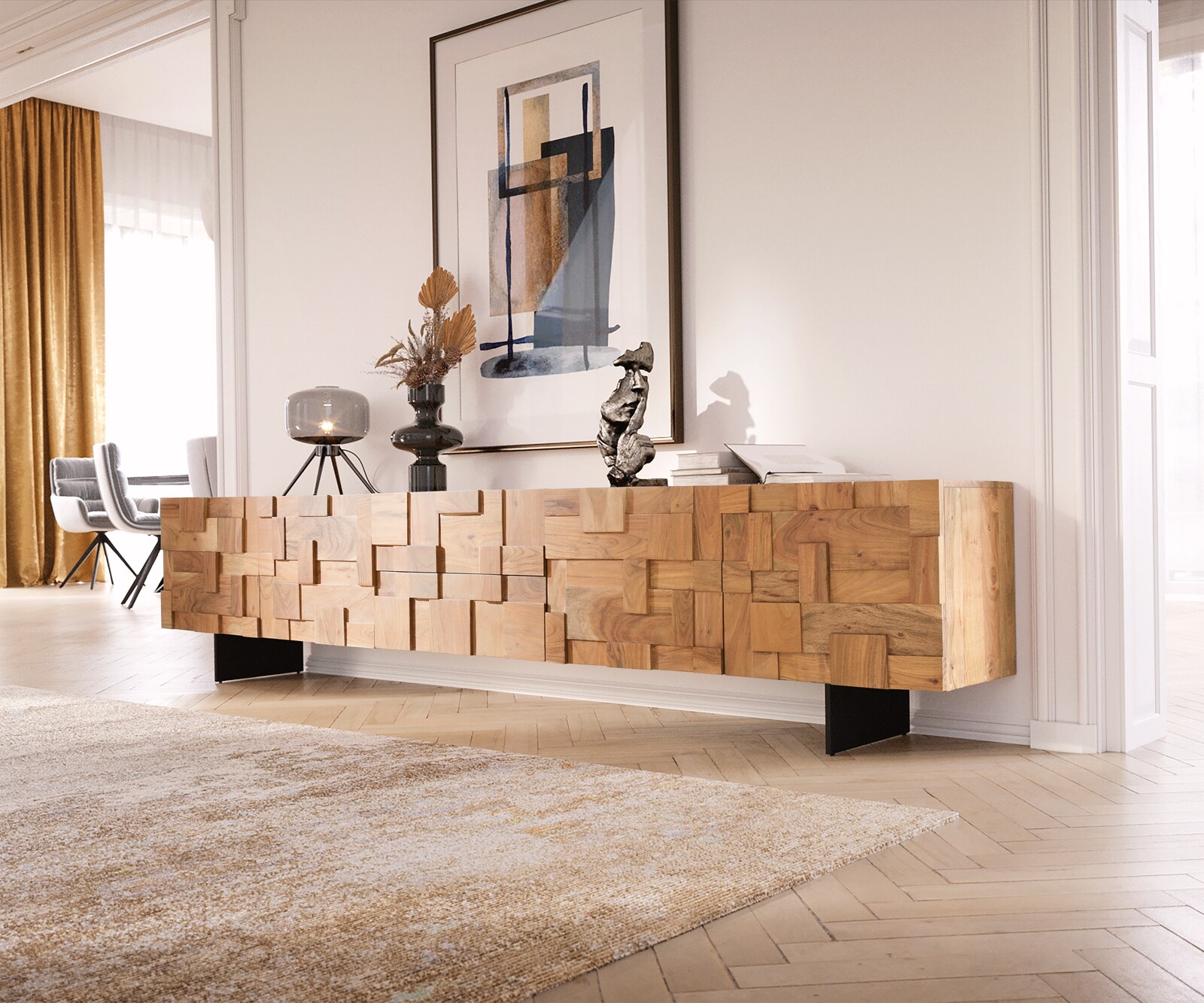 Lowboard Puzzle 260 cm 4 Türen 2 Schubfachächer Akazie Natur Fuß schwebend Metall schwarz