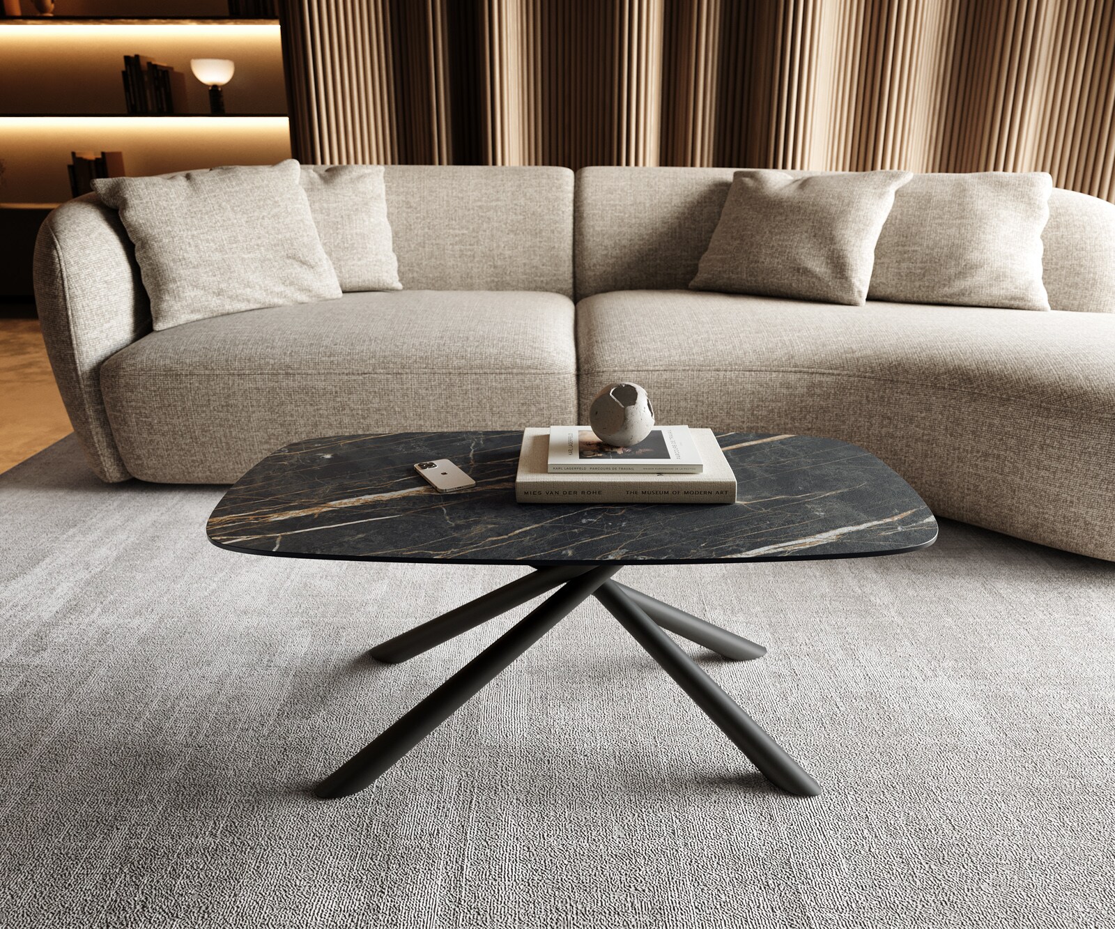 Couchtisch Edge Boot 100x50 cm Keramik Laminam® Noir Desir Braun Sarity Metall Schwarz 1