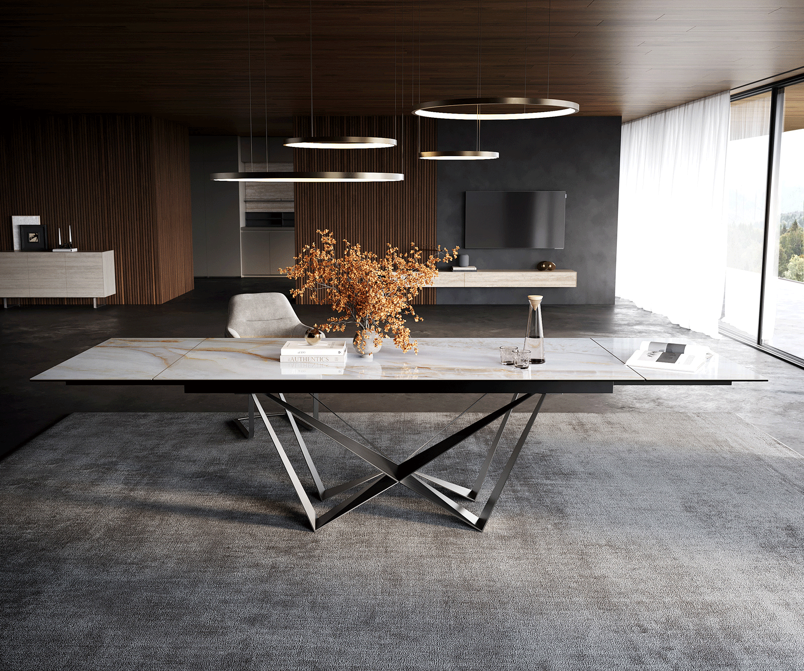 Esstisch Edge 200-300x100 cm Keramik Onyx Pearl Spider Flachstahl Edelstahl Graphit ausziehbar 2