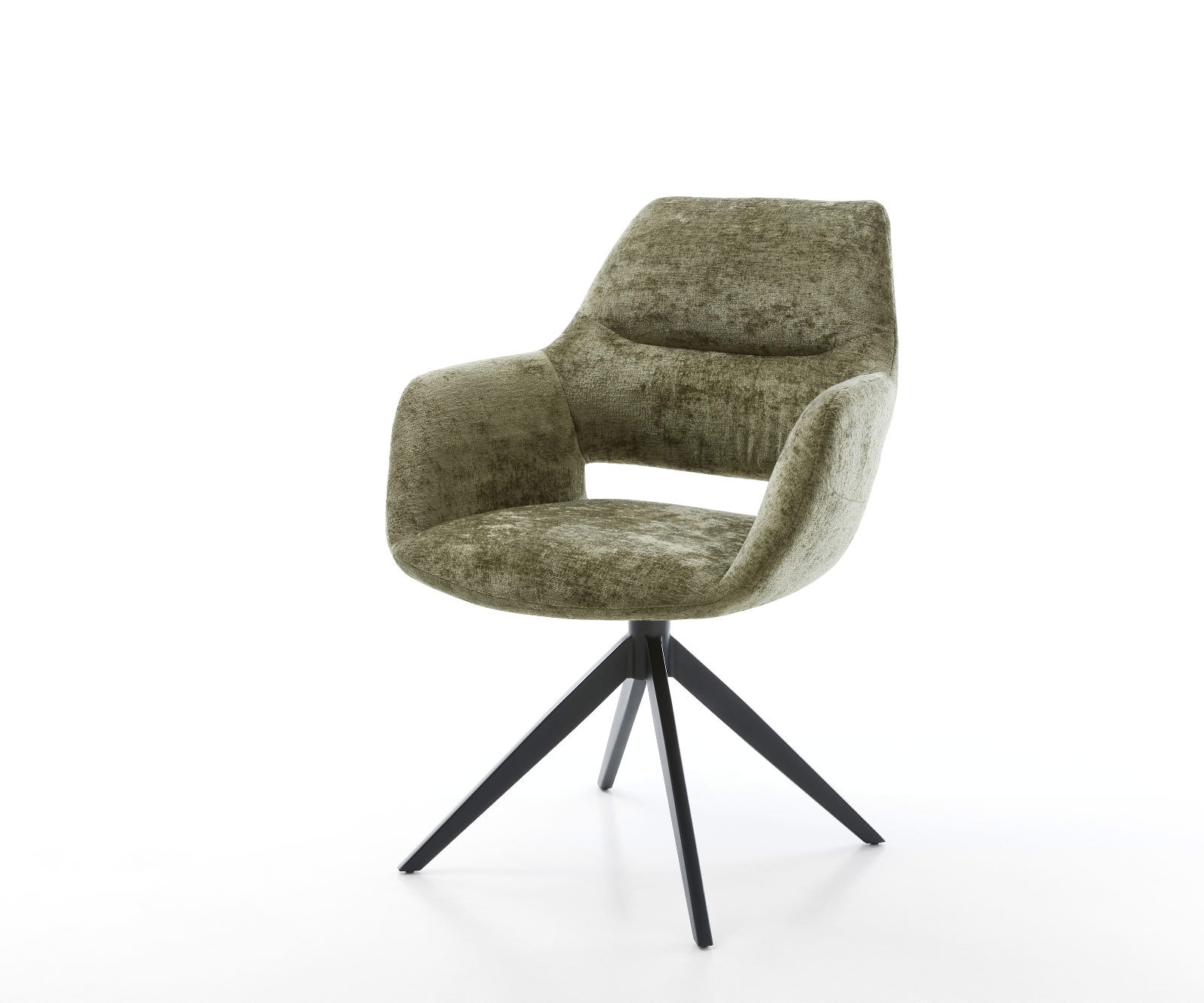 Drehstuhl Yago-Flex mit Armlehnen Chenille Olive Kreuzgestell breit Schwarz 360° drehbar Wippfunktion Taschenfederkern