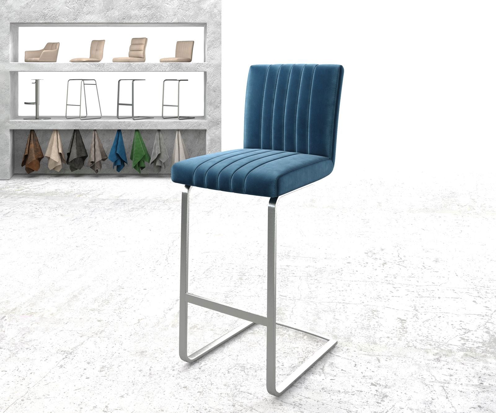 Barstuhl Luiga-Flex Samt Blau Freischwinger flach Edelstahl Barstuhl Luiga-Flex Samt Blau Freischwinger flach Edelstahl