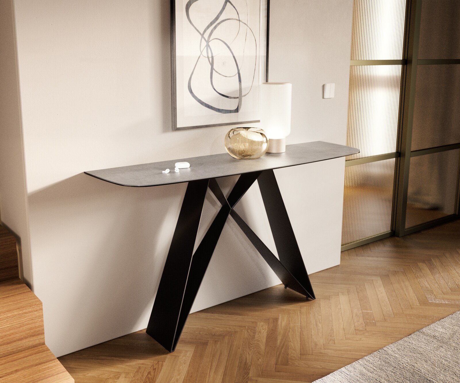 Konsolentisch Edge Boot 140x40 cm Keramik Beton Grau Velio Metall Schwarz 3