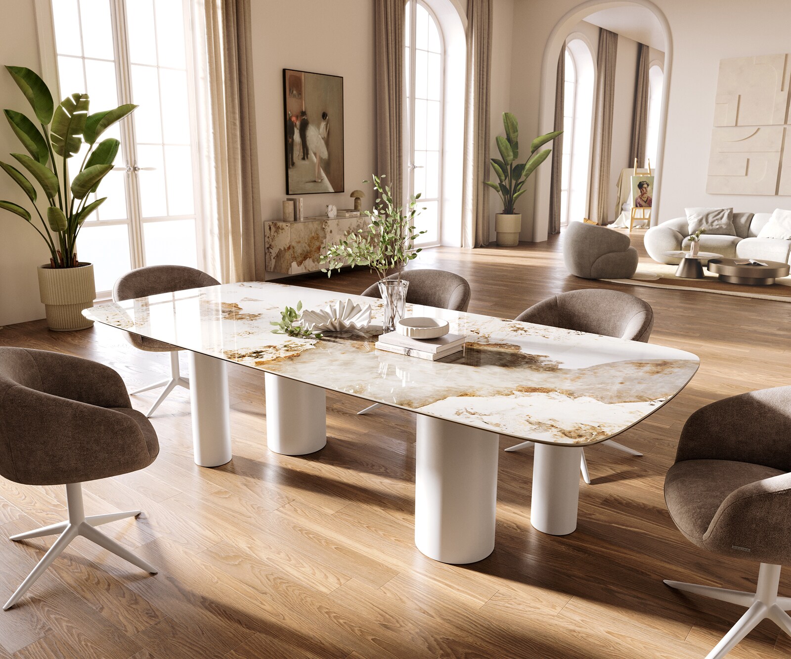 Esstisch Edge Boot 260x120 cm Keramik Minas Melange Weiß-Beige Pilier Metall Weiß 1