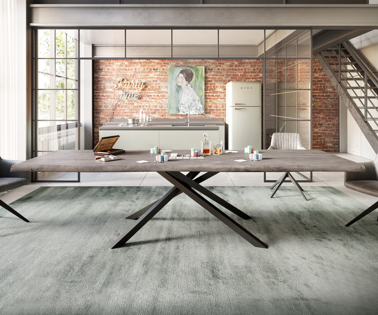 Esstisch Edge 300x100 XL Akazie Platin Kreuzgestell Rechteck Schwarz Live-Edge 5