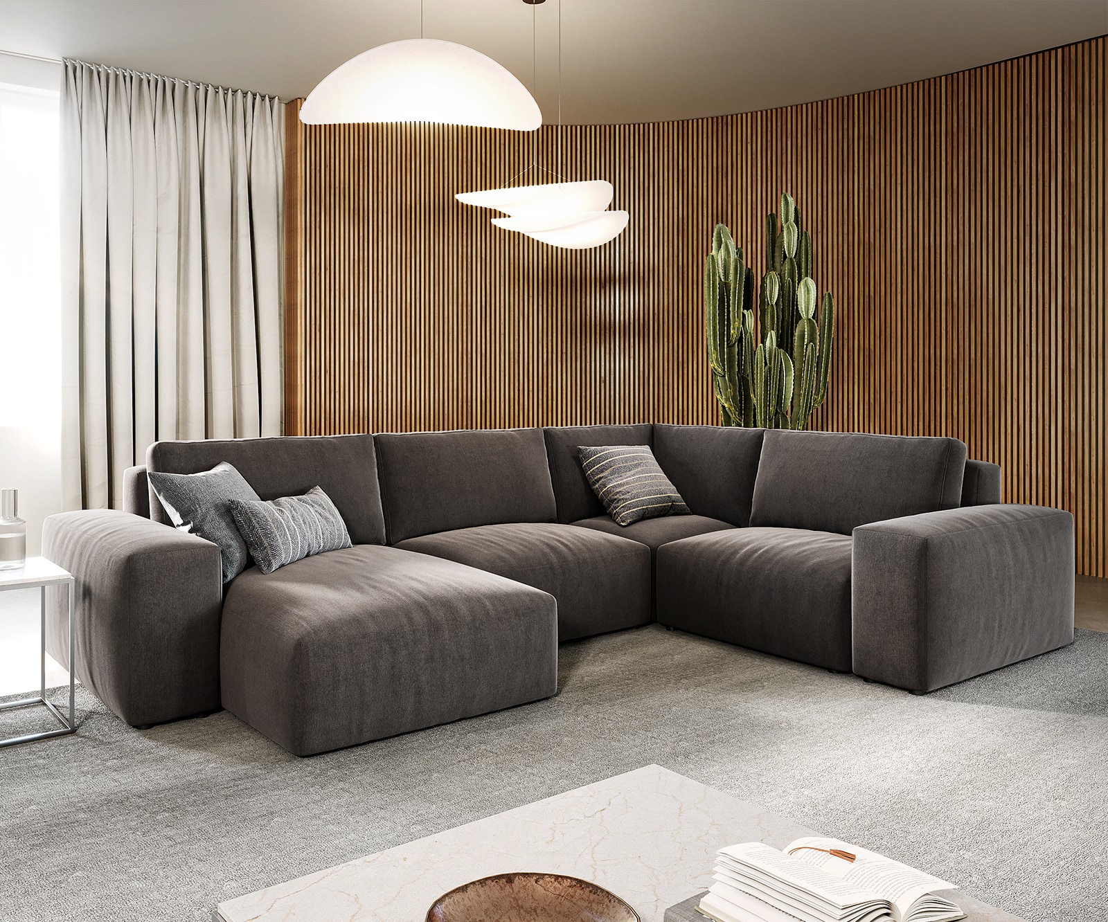 Delife Wohnlandschaft Lanzo 300x210 Cm Mikrofaser Khakibraun Recamiere Variabel