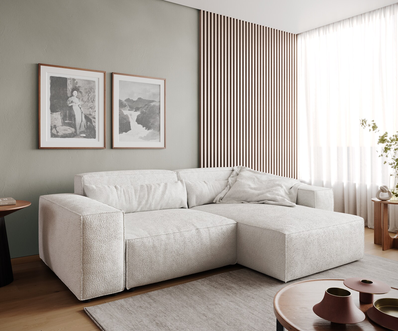 DELIFE Ecksofa Sirpio 230x150 cm Bouclé Creme-Weiß Recamiere variabel