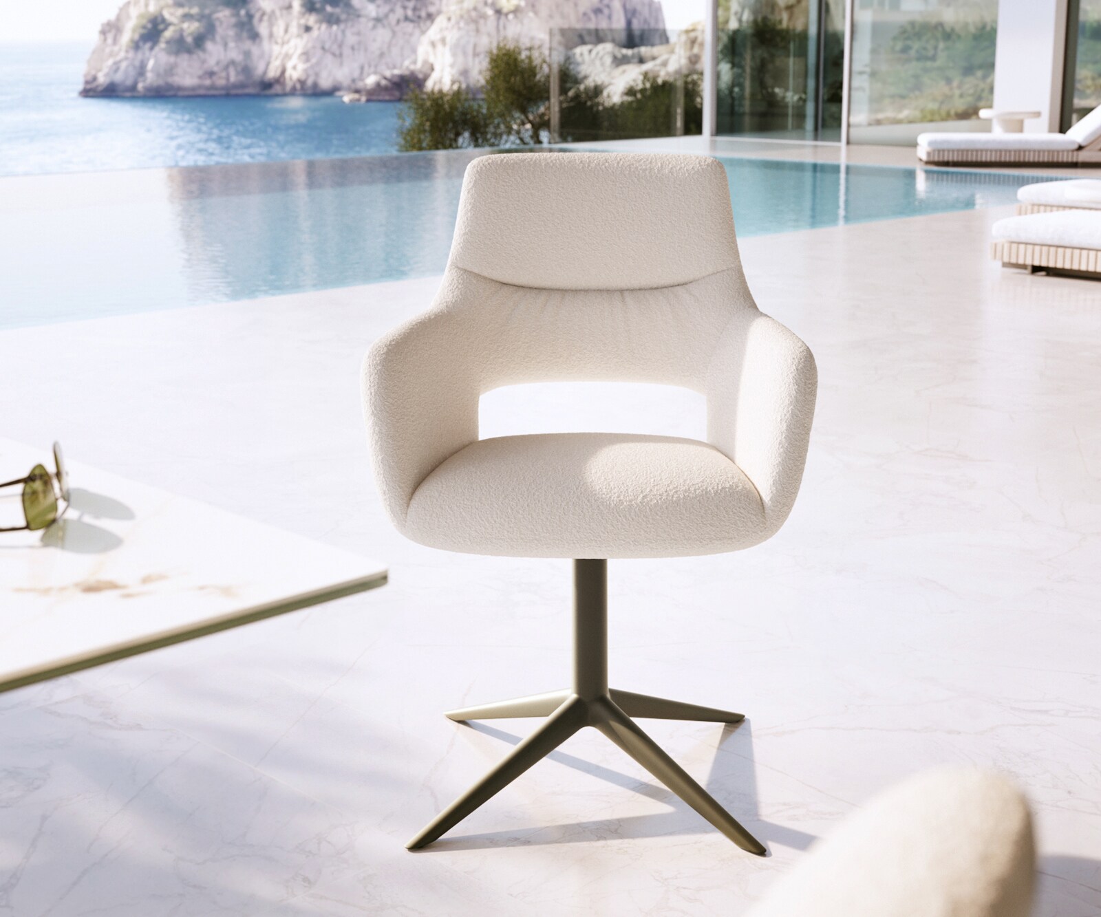 Outdoorstuhl Yago-Flex mit Armlehnen Bouclé Weiß Fußkreuz Effektfinish Titan 360° drehbar Wippfunktion 1