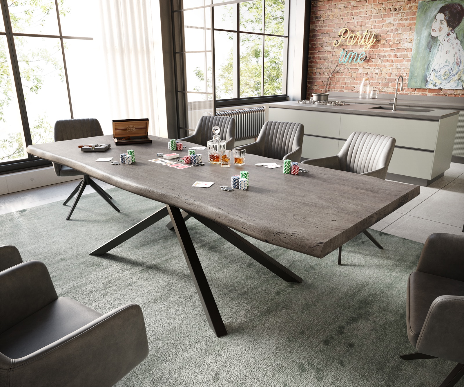 Esstisch Edge 260x100 XL Akazie Platin Kreuzgestell Rechteck Schwarz Live-Edge