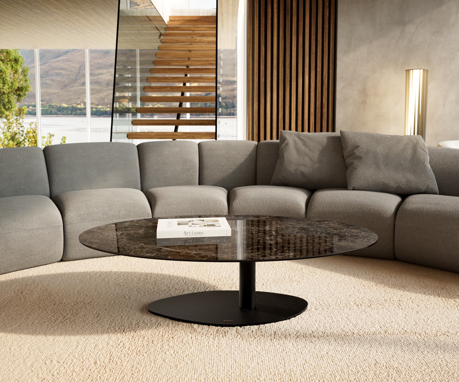 Couchtisch Edge Oval 140x80 cm Keramik Laminam® Emperador Extra Lucidato Dunkelbraun Vibany Metall Schwarz 1