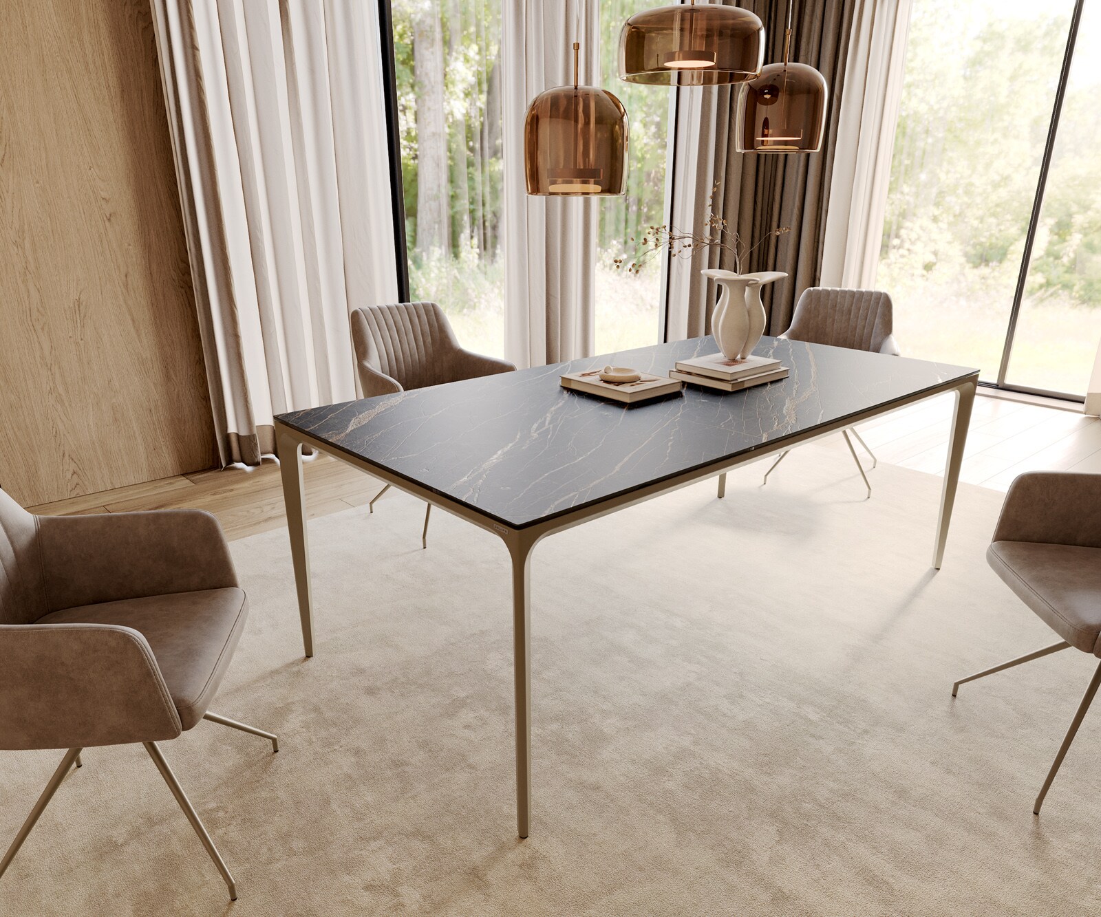 Esstisch Escina 200x100 cm Keramik Laminam®Noir Desir Braun Gestell Aluminium 1