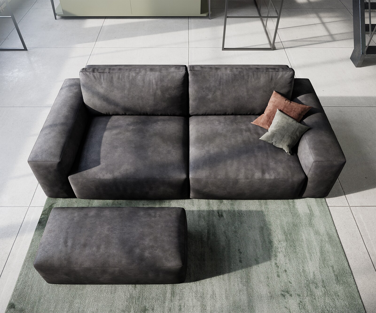 Big-Sofa Lanzo 230x95 cm Lederimitat Vintage Anthrazit mit Hocker 3