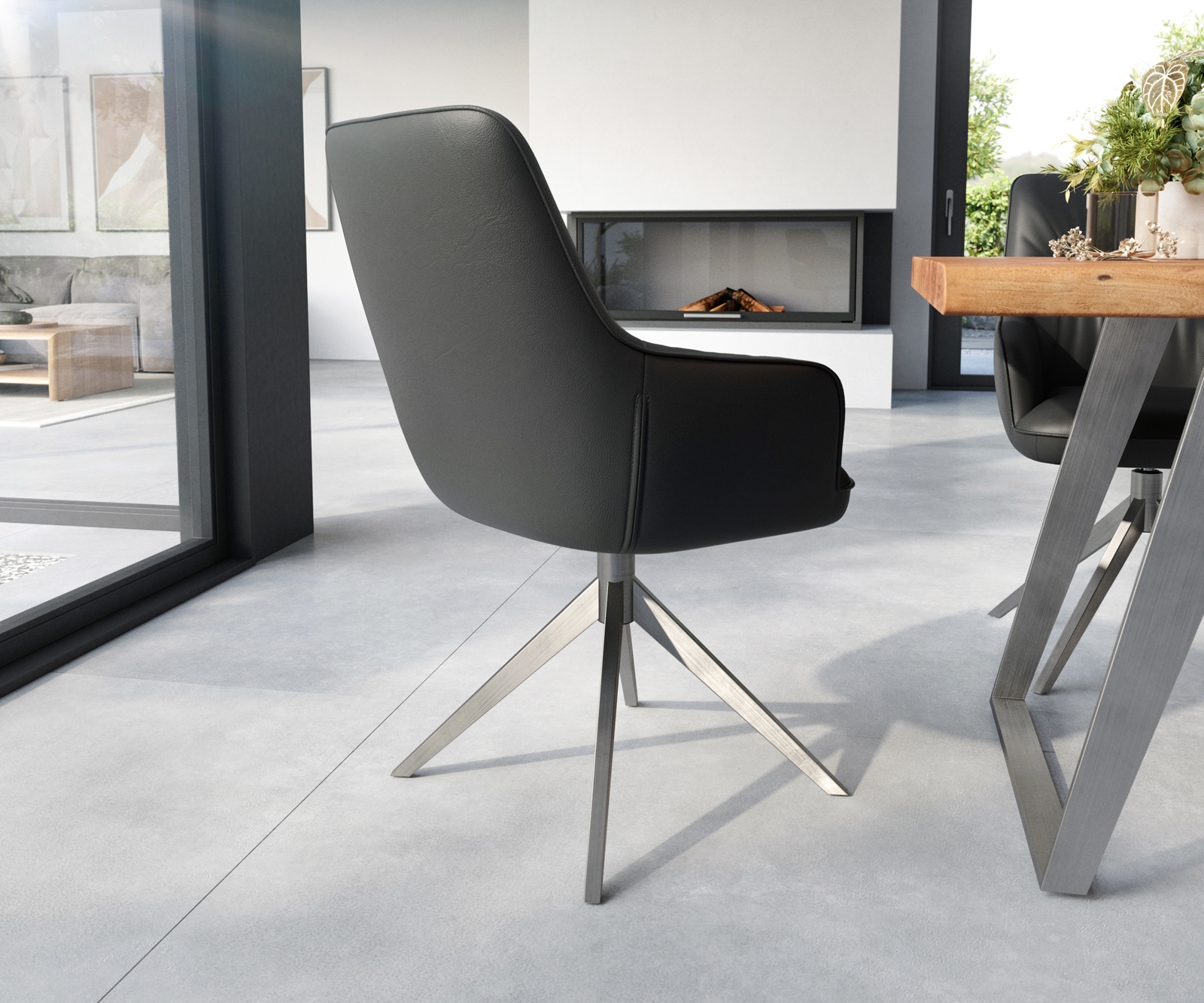 Esszimmerstuhl Zelia-Flex mit Armlehnen Echt-Leder Schwarz Kreuzgestell breit Edelstahl Taschenfederkern 4 Esszimmerstuhl Zelia-Flex mit Armlehnen Echt-Leder Schwarz Kreuzgestell breit Edelstahl Taschenfederkern 4